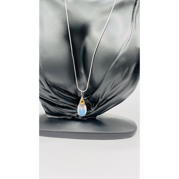 Vintage Sterling Silver 925 Opalescent Blue Teardrop Pendant Snake Chain Italy - Picture 1 of 4